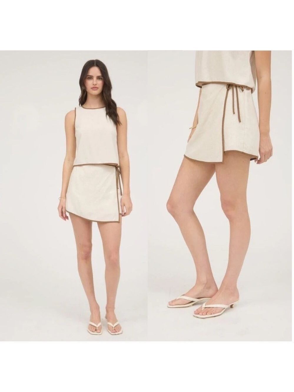 The Workshop Matching Set Contrast Trim Wrap Linen Mini Skort Skirt and Top